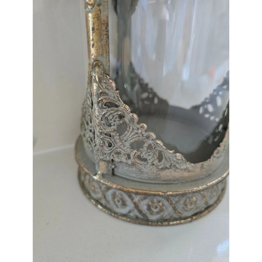 Vintage Style Distressed Grey Gold Metal Filigree Glass Candle Lantern Handle